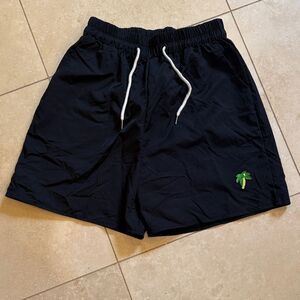 ROMWE Black Men's Swim Trunks with Palm Tree Embroidery